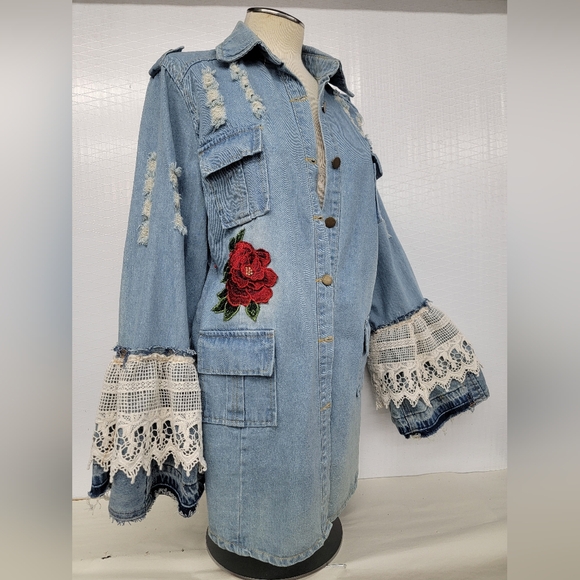 Rock Tour Jean Jacket with Lace Gypsy Bell Sleeves Upcycled Retro Rock Merc - Picture 6 of 14